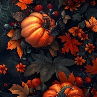 a painting of pumpkins, leaves and flowers on a black background with red berries Halloween Flowers Happy Halloween Desktop, Pumpkin Backgrounds, Halloween Lockscreen Iphone, black