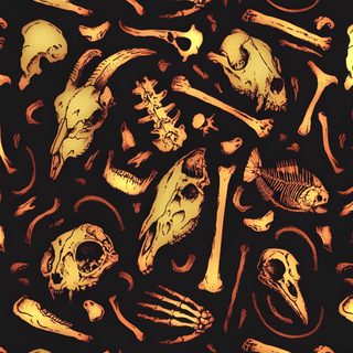 a bunch of skulls and bones on a black background with gold foiling in the middle Halloween X-ray - Tan & Black Cryptid Laptop, Ao3 Skin Ideas, Bones Background Aesthetic,