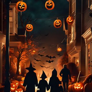 two children are walking down the street at night with pumpkins in the sky above them Large Scale Halloween Trick Or Treats Halloween Trick Or Treat, Halloween Town Movie, Halloween Town Background, black