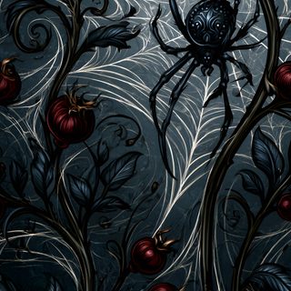 a spider crawling on the side of a plant with leaves and berries in it's web Spider Halloween black