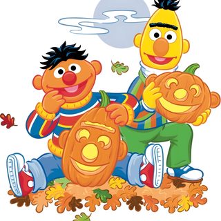 two cartoon characters sitting on the ground with pumpkins in front of them, one holding a Sesame Street Halloween Sesame Street Halloween Clipart, Sesame Street Characters Halloween, Bert And Ernie Pumpkin, misty rose