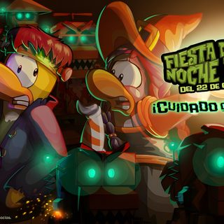 the cartoon characters are in front of a halloween themed sign that says, beware the blobs Club Penguin Halloween Club Penguin Halloween Costume, Club Penguin Theater, Halloween Club Penguin, black