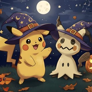 two pikachu dressed up as witches and pumpkins in front of a full moon Halloween Pokemon 4k dark slate gray
