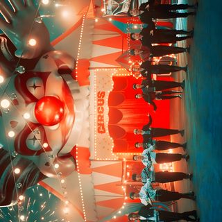 a group of people standing next to each other in front of a carnival ride at night Stray Kids Halloween Laptop Circus Desktop, Stray Kids Halloween Laptop, Straykids Landscape, dark olive green