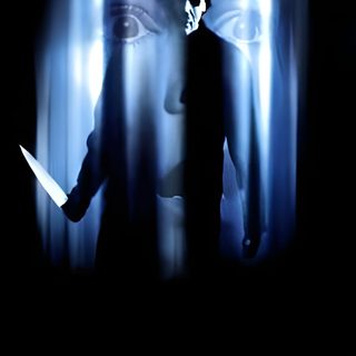 a man holding a knife standing in front of a blue light with an evil face on it Halloween H20 Halloween H2o Poster, Halloween H20 1998 Poster, Halloween 5 Michael Myers, black
