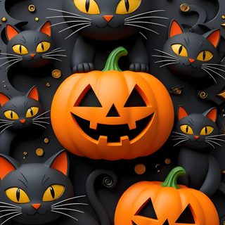 three black cats with pumpkins in front of them on a gray background, surrounded by gold and black swirls Halloween Pumpkins Non Traditional Pumpkin, Cute For Android, Halloween Backdrop, dark slate gray