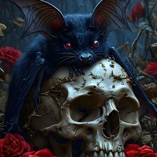 a bat sitting on top of a human skull with red roses in front of it Halloween Skull And Bat Bat Skull Art, Spooky Skull, Bat Skull, Vampire Skull Art, Creepy Skull, black