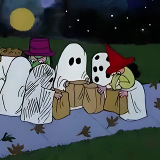 three ghost characters sitting on the ground in front of a night sky Snoopy Halloween Gif Snoopy Trick Or Treat, Snoopy Halloween Laptop, Halloween Charlie Brown, dark slate gray
