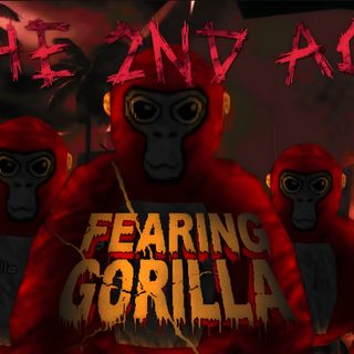 the end act appearing in front of an image of two monkeys wearing red and yellow Gorilla Tag Halloween black