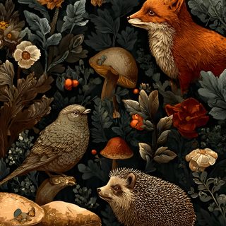 an image of a hedgehog surrounded by mushrooms and flowers on a black background with red berries Halloween Forest Animals Dream Fantasy, William Morris, Phone, Forest, Animals, Pattern, black