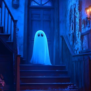 the ghost is coming down the stairs at night Ios 26 Halloween 5d Iphone, Halloween Walpappers, Ghost Iphone, Ghosts, Blue Ghost,
