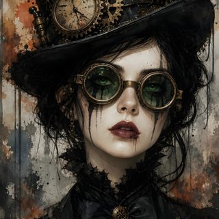 a woman with green eyes wearing a top hat and steampunky eyeglasses Halloween Steampunk black