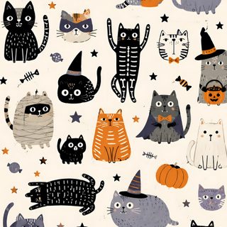 an image of many cats in different colors and sizes on a white background with stars Halloween Animal linen