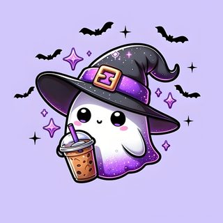 a cute little ghost with a drink in her hand Cute Halloween Purple Ghost Spooky Kawaii Cute Halloween Drawings, Kawaii Halloween Chibi Cute Ghost Drawing, Kawaii Witchy Boba Cauldron, thistle