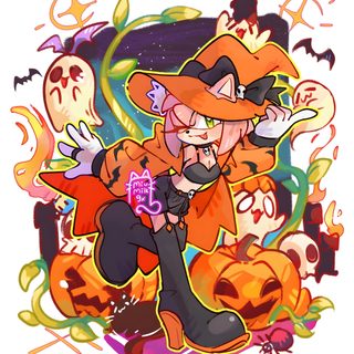 an image of a cartoon character holding a microphone in front of pumpkins and skulls Amy Rose Halloween Sonic The Hedgehog Fanarts, Halloween Sonic, Amy Rose And Honey The Cat, burlywood
