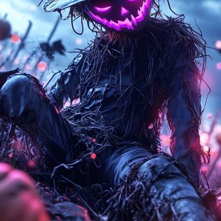 a scarecrow sitting on top of a pile of hay with a glowing pumpkin in the background Halloween Bogey Horror Game, Holidays Halloween, Halloween House, Halloween Creepy, dark slate gray