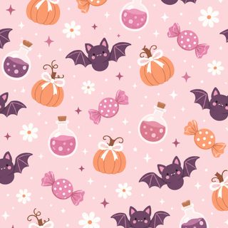 halloween seamless pattern with bats, pumpkins and other decorations on a pink background Pink Pastel Halloween Bats Pastel, Halloween, misty rose