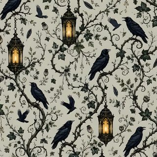 black birds sitting on top of a tree next to a light pole with a lantern hanging from it Gothic Halloween For Home Modern Gothic, Dark Academia Mural, Apothecary, Gothic, Renter Friendly, dark gray