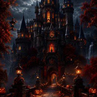 a castle with pumpkins in front of it at night Halloween Fantasy black