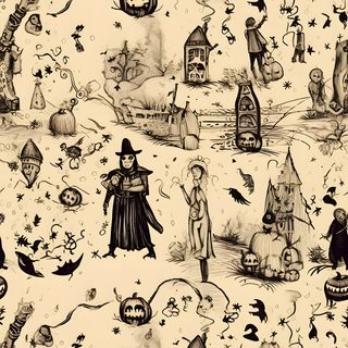 an old fashioned halloween pattern with witches and pumpkins Halloween Toile Halloween Backgrounds Vintage, Vintage Halloween Backgrounds, Cute Vintage Halloween, wheat