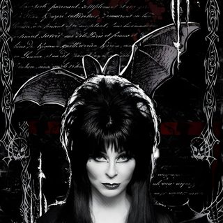 a woman with long black hair standing in front of a red and black wallpaper Elvira Halloween black