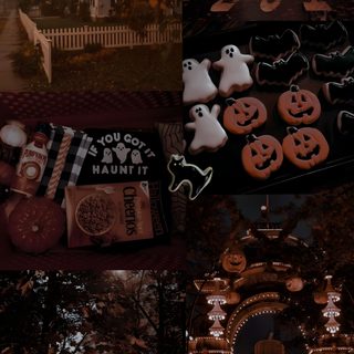 the collage shows halloween cookies and candy on display in front of a house with pumpkins Halloween Fall Vibes Spooky Fall Aesthetic, October Halloween Aesthetic, Spooky October Aesthetic, black