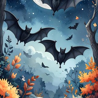 two bats flying in the night sky over flowers and trees with full moon behind them Halloween Whimsical Bats-large dim gray