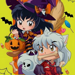 two anime characters sitting next to each other in front of pumpkins and witches on a yellow background Inuyasha Halloween Inuyasha And Sesshomaru, Nightmare Before Christmas, Inuyasha Fan Art, peru