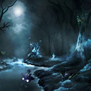 a dark forest with lots of trees and lights Pokemon Halloween Desktop Mimikyu Hd, Mimikyu Black Background, Pokemon Forest Background, dark slate gray