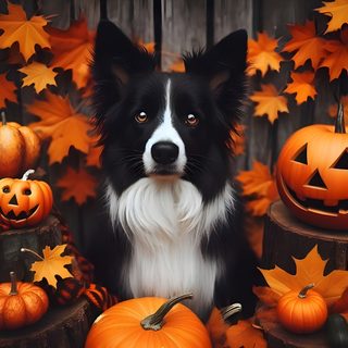a black and white dog surrounded by pumpkins Halloween Border Collie Spooky Dog, Halloween Border Terrier, Border Collie Halloween, maroon