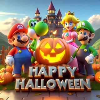 mario kart and friends in front of a pumpkin with the words happy halloween on it Halloween Mario Mario Et Luigi Halloween, Mario Halloween Background, Halloween Mario, dim gray