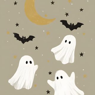 three ghostes flying in the sky with stars and a half moon above them on a gray background Halloween For Nursery Halloween Print, Halloween Artwork, Friendly Ghost, Halloween Poster, dark gray