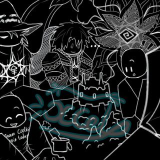 a black and white drawing of halloween characters Forsaken Halloween Screen, black