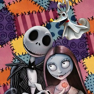 a painting of jack and sally from the nightmare before christmas, with an ornament in the background Halloween Jack And Sally Nightmare Before Christmas, Dark Disney Art, Sally Nightmare, Xmas Pictures, dim gray