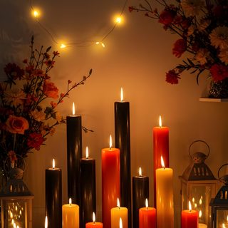 many lit candles sit on a table in front of flowers Halloween Candle Flickering Candles, Candle Iphone, Halloween Floral, Halloween Candle, saddle brown