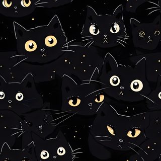 many black cats with yellow eyes are shown in the night sky, all looking up at something Halloween Black Cat Pillow Cat Background Dark, Background Black Cat, Cute Black Cat Backgrounds,