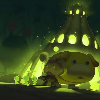 a cartoon character standing in front of a giant mushroom like structure with glowing lights on it Pikmin Halloween Glow Pikmin, Pikmin Concept Art, Left Alone, Funny Art, Night Time, dark slate gray