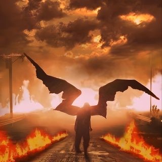 a man standing in the middle of a road with two birds flying over him on fire Halloween Billie Eilish Billie Eilish Album Cover Aesthetic, Bad Guy Background, Billie Eilish Birds Of Feather, saddle brown