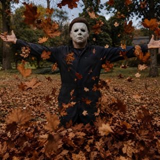 a man wearing a mask standing in leaves with his arms spread out to the side Halloween Michael Myers Iphone Michele Myers, Halloween Movies Aesthetic, Halloween Michael Myers, maroon