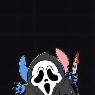 a cartoon character with a knife and fork in his hand, on a black background Stitch Halloween Ghostface Stitch Ghostface, Apple Watch Faces, Halloween, Dark, Apple Watch, Cute, black