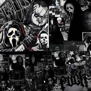 a collage of black and white images with skulls, clowns, and faces Halloween Ghostface Dark And Scary, Best For Ipad, Grudge, Ideas Black, Skeleton, Black Scary,