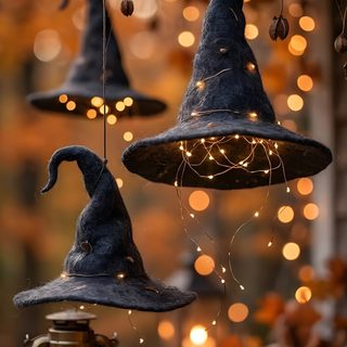three witches hats hanging from strings next to a lantern and some lights in the background Halloween Witch Hat Witches Hat, Decorated Witches Hats, Halloween Vibes, dark olive green