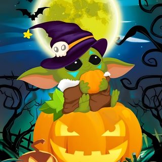 a baby yoda sitting on top of a pumpkin in front of a full moon Halloween Baby Yoda Stitch Halloween Painting, Baby Yoda Pumpkin Painting, Baby Yoda Thanksgiving, dark olive green