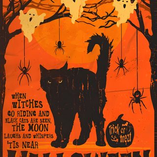 an orange poster with black cats and bats Halloween Poster Pink Halloween Vintage, Pink Vintage Halloween, Vintage Pink Halloween, chocolate
