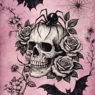 a drawing of a skull with roses and bats on it's head, in front of a pink background Halloween Skull And Bat Halloween Skull Image, Hyperrealistic Drawing, Sassy, Graphite Art, rosy brown