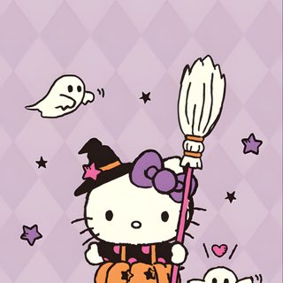hello kitty is holding a broom in her hand Purple Hello Kitty Halloween Sanrio Halloween Background, Pastel Halloween Aesthetic, Cute Purple Halloween, thistle