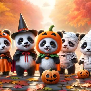a group of panda bears dressed up in halloween costumes with pumpkins and jack - o'- lanterns Halloween Panda Panda Halloween Background, Cute Halloween Panda, Panda Fall, indian red