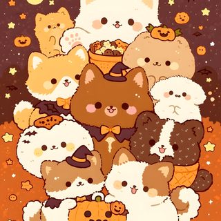 a group of cats with pumpkins and bats on their heads, all in different colors Anime Cat Halloween chocolate