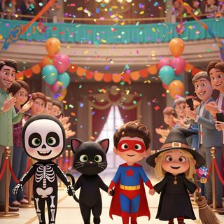 the animated family is standing in front of an audience with balloons and streamers around them Kids Halloween Costume Custom Removable Halloween Party, Halloween, dim gray