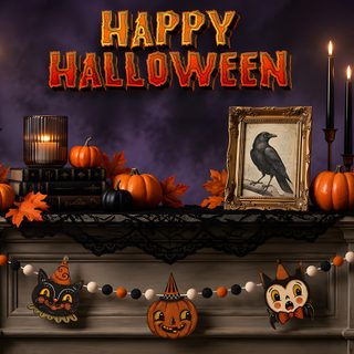 a fireplace decorated for halloween with candles and decorations Halloween Fireplace black